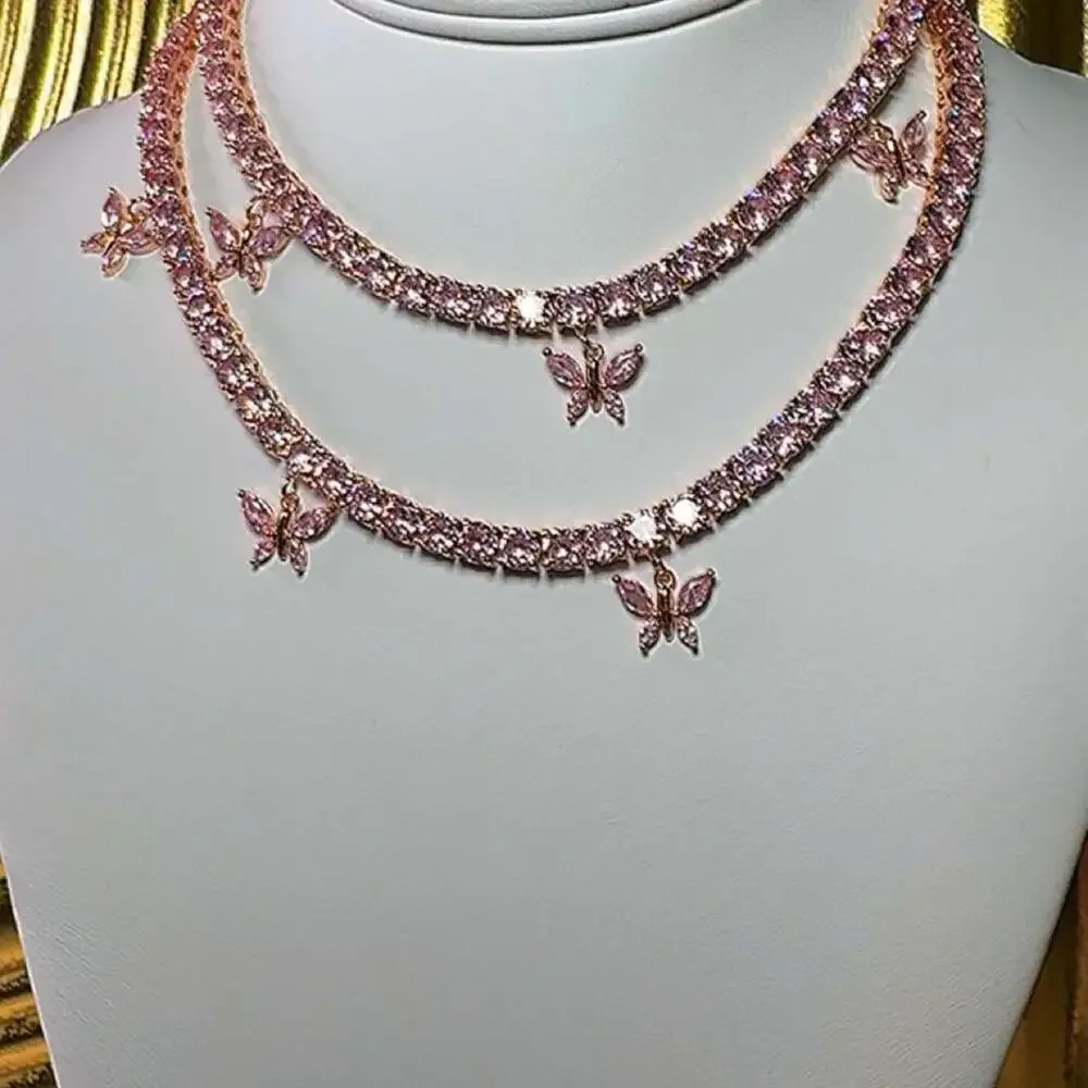 Pink Tennis Necklace With Butterfly